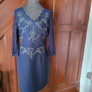 Vicky And Lucas Navy Blue Lace Dress  Embroidery Long Sleeves Size L NWT